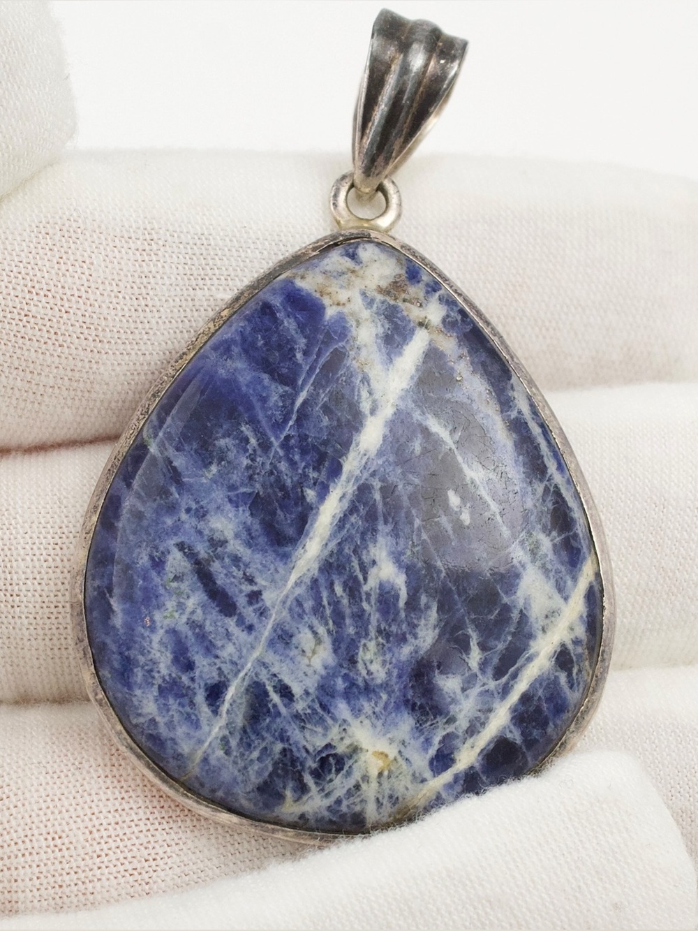 Vintage Sodalite Sterling Silver Necklace Pendant Extra Large Teardrop Cabochon